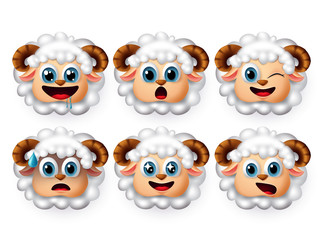 Lamb sheep emoji vector set. Cute lamb emojis and sheep emoticon with facial expression of hungry and surprise isolated in white background. Vector illustration 3d realistic.