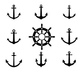Ship Anchor Vessel Nautical Silhouette Symbol Sign Set