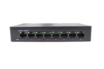 Black switch 8 port gigabit isolated white background device connect network and internet, clipping path