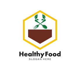 Healthy food logo template. Organic food vector design. Fork,