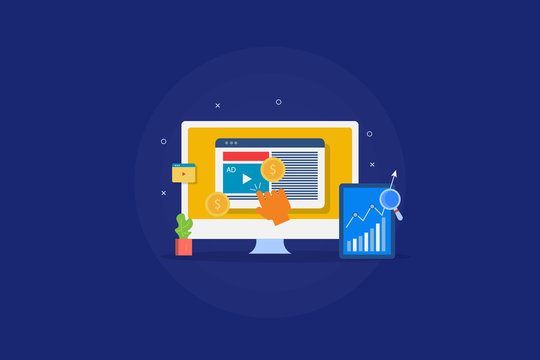 Making money with video marketing campaign, video blogging, video monetization, app analytic, flat design vector banner.