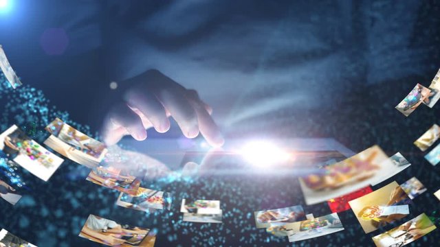 Finger touching tablet with social media interface on screen. global connecting	