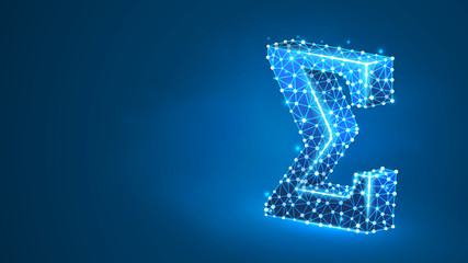 Sigma, the letter of a Greek alphabet. Greek numerals, mathematical two hundred number concept. Abstract, digital, wireframe, low poly mesh, Raster blue neon 3d illustration. Triangle, line dot