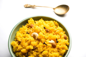 Pineapple sheera or Halwa also known as Ananas keshri shira. Popular South Indian Dessert recipe. selective focus