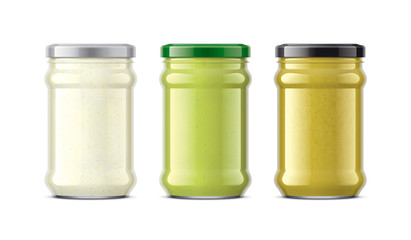Set of Glass Jar with Sauces, Mustard, Wasabi, Horseradish. 