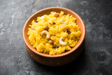 Pineapple sheera or Halwa also known as Ananas keshri shira. Popular South Indian Dessert recipe. selective focus