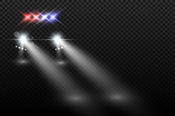Fototapeta na wymiar Realistic white glow round beams of car headlights, isolated on transparent background. Police car. Light from headlights. Police patrol.