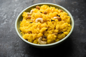 Pineapple sheera or Halwa also known as Ananas keshri shira. Popular South Indian Dessert recipe. selective focus