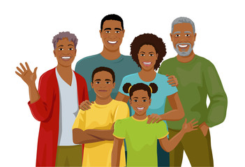 Happy big African family together. Fun grandparents, parents and children. Mother, father, grandmother, grandfather, daughter and son are standing and smiling. Isolated vector illustration