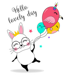 Cute rabbit flying with balloons to the sky