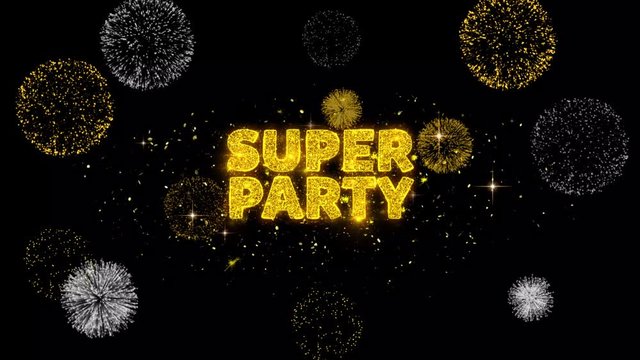 Super Party Text Reveal on Glitter Golden Particles Firework. Sale, Discount Price, Off Deals, Offer promotion offer percent discount ads 4K Loop Animation.