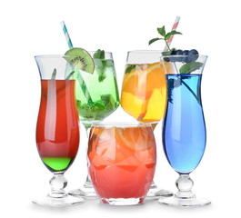 Glasses of tasty summer cocktails on white background