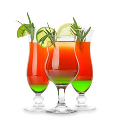Glasses of tasty summer cocktails on white background