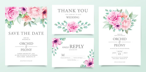 Elegant floral wedding invitation card template set with purple and pink flowers, leaves decoration. Botanical card background bundle
