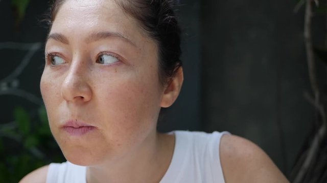 Pensive Sad Woman Eating A Slice Of Pizza In Cafe. Enjoying The Taste. Closeup