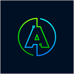 Letter A mono line logo with element chip, Connect concept , Circle shape symbol, green and blue color, Technology and digital abstract dot connection - vector