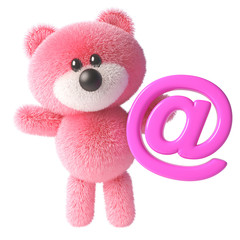 3d teddy bear character with pink fur holding a pink email address symbol, 3d illustration