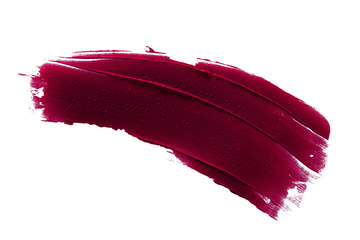 Dark lipstick smear smudge swatch isolated on white background. Makeup creamy texture. Burgundy...