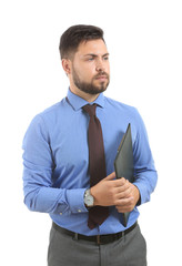 Portrait of businessman with clipboard on white background