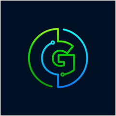 Letter G mono line logo with element chip, Connect concept , Circle shape symbol, green and blue color, Technology and digital abstract dot connection - vector