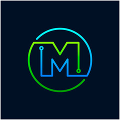 Letter M mono line logo with element chip, Connect concept , Circle shape symbol, green and blue color, Technology and digital abstract dot connection - vector