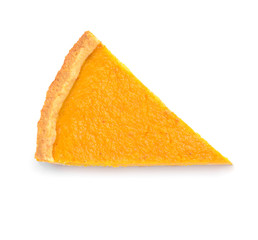 Piece of tasty pumpkin pie on white background