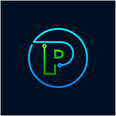 Letter P mono line logo with element chip, Connect concept , Circle shape symbol, green and blue color, Technology and digital abstract dot connection - vector