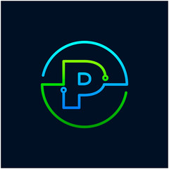 Letter P mono line logo with element chip, Connect concept , Circle shape symbol, green and blue color, Technology and digital abstract dot connection - vector