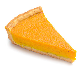 Piece of tasty pumpkin pie on white background