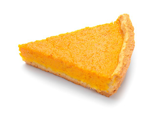 Piece of tasty pumpkin pie on white background