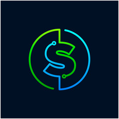 Letter S mono line logo with element chip, Connect concept , Circle shape symbol, green and blue color, Technology and digital abstract dot connection - vector