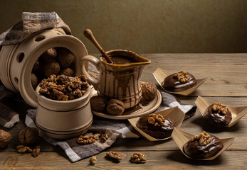 Food Still Life with chocolate cookies and Greek Nuts