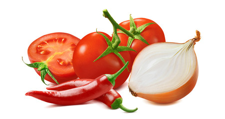 Hot salsa ingredients. Tomato, onion and red chili pepper isolated on white background