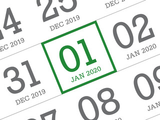 Close up of first day of the year 2020 on diary calendar.