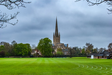 Norwich Cathedral​ across playing fields