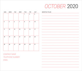 October 2020 desk calendar vector illustration