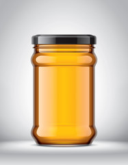 Glass Jar with Honey on Background. 