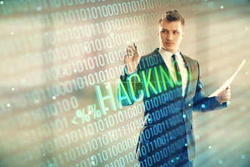 Man and hacking icon hologram. Double exposure. Concept of data safety