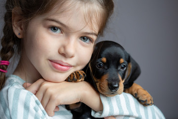 little girl holds a dachshund puppy in her arms and hugs him. Children and Pets Friendship Concept