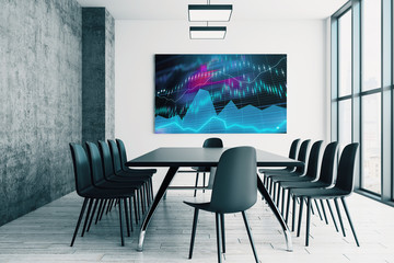 Conference room interior with financial chart on screen monitor on the wall. Stock market analysis concept. 3d rendering.