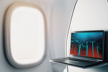 Laptop closeup inside airplane with forex graph on screen. Financial market trading concept. 3d rendering.