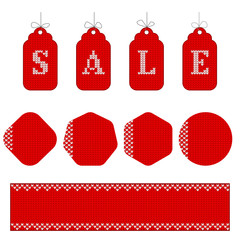 Knitted red sale tag. Scandinavian style decoration for discount or gift.