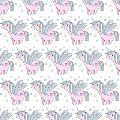 Children s seamless pattern. Cute little pink magical unicorn with wings among the stars. Delicate, pastel colors. Romantic hand drawing illustration for children.