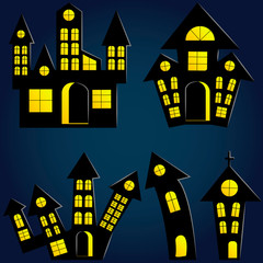 Set of house halloween silhouette with yellow windows, eps 10