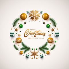Christmas wreath design with festive Christmas decoration ornaments and objects