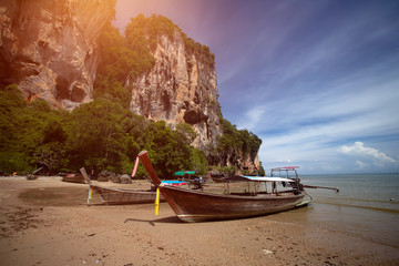 Traditional longtail boat on Tonsai beach, Thailand.