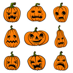 Set of halloween pumpkins, funny faces. Autumn holidays. Vector illustration