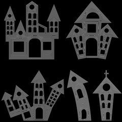Set house halloween silhouette with white lines on a black background, eps 10