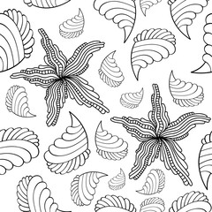 Fototapeta premium Linear contour drawing for coloring. isolate. Seamless pattern of the elements of the marine theme - shells, starfish. Seamless background with starfish and seashells. Pattern can be used for wallpape