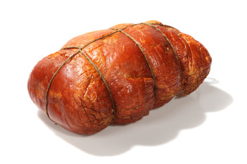Pork ham on a white background. Traditional homely sausage